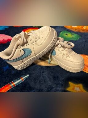 Kids White Sneakers with Light Blue Accent 8C